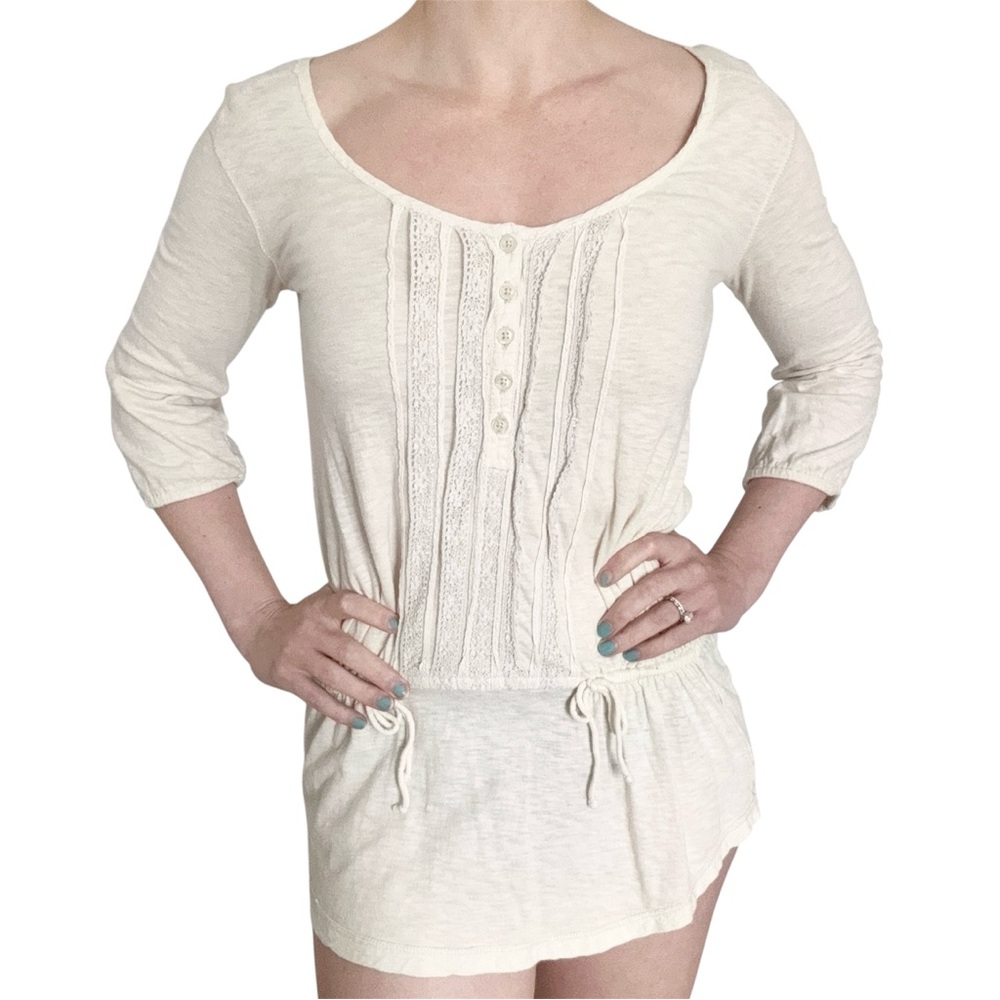 Aerie Cream Tunic Top Y2K Vintage Lace Milkmaid Boho Cottagecore Beach 3/4 sleev